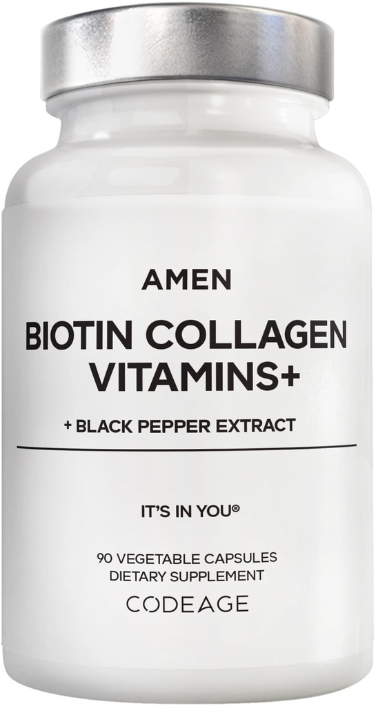 Amen Biotin Colagen Vitamine+ 10000 mcg Biotin Supliment - Hidrolized Colagen, Vitamine C & E, Folate, Acid hialuronic, Keratina, MSM, Saw Palmetto - 3-Month Supply - Non-GMO - 90 capsule