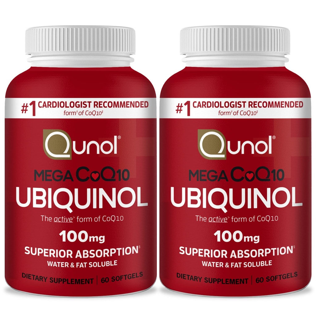 Qunol Mega Ubichinol Coq10 100mg, Absorbție superioară, apă patentată și grăsime Soluble Natural Supplement Form of Cozyme Q10, Antioxidant pentru Heart Health, 60 Softgels, Pack of 2