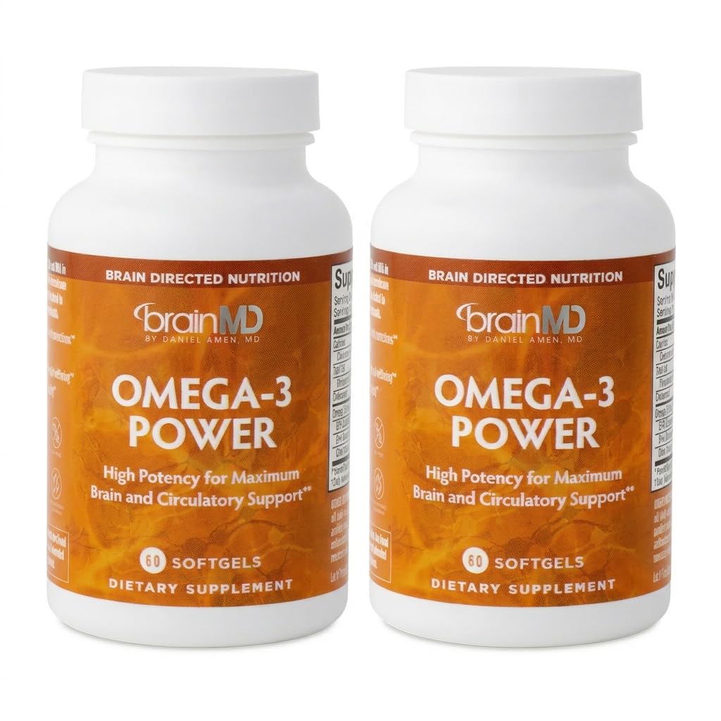 BrainMD Dr Amen Omega-3 Putere - 60 Capsule, Pachet de 2 - Suport comun și imunitar - Conține DHA & EPA - Gluten gratuit - 60 Serviri totale