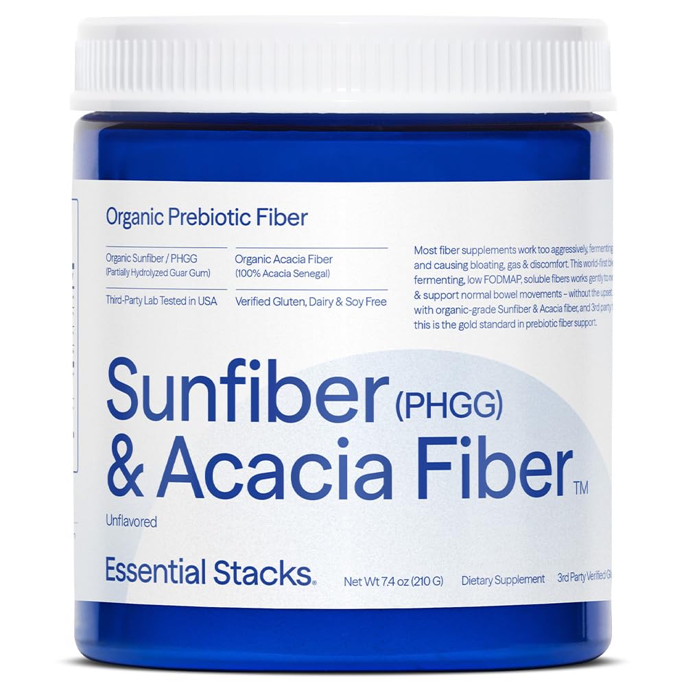 Essential Stacks Organic Sunfiber Prebiotic Fiber (Partial Hidrolyzed Guar Gum/PHGGG) cu Acacia Fiber Powder - Gluten Free, Non-GMO & Neflavored Soluble Fiber (7,4 oz)