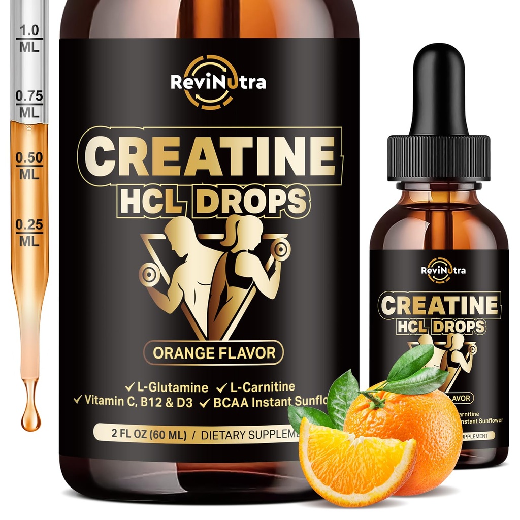 Creatine HCL Picături lichide pentru bărbaţi şi femei, 1500 mg Creatină lichidă clorhidrat, absorbţie ridicată, 2 Fl Oz Orange Flavor