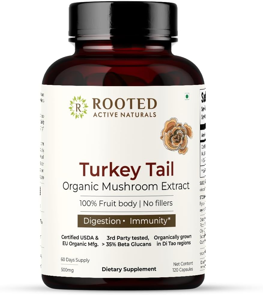 ROOTED Active's Turkey Tail Extract capsule Mushroom sănătate cardiacă, stres relief, ficat. USDA Organic, 35% Beta Glucans, Certified Organic (120 capsule)