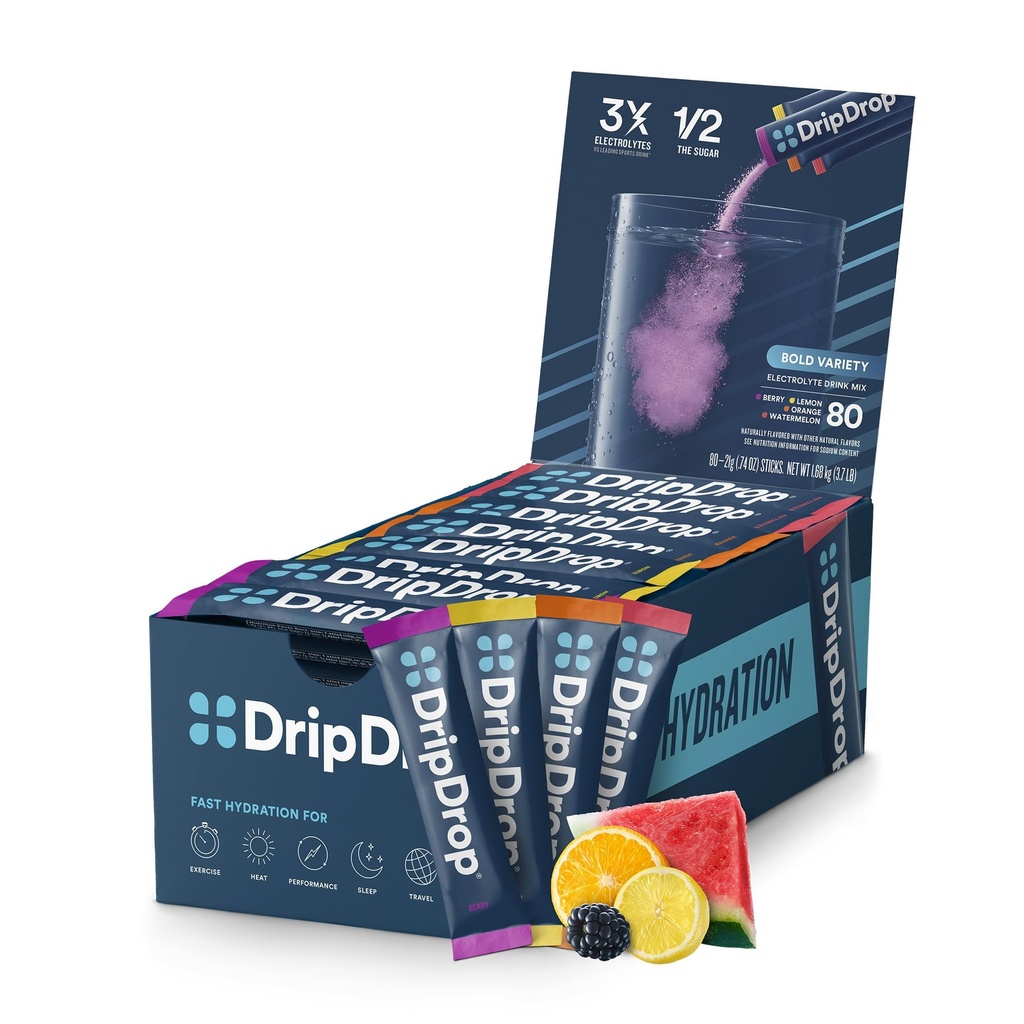 Pachete de hidratare dripDrop - Pachet de varietati cu varietati Bold - Electroliti de unică servire Mix de praf - Pepene verde, Berry, Lemon, Orange - Non-GMO, Gluten Free, Vegan - 80 Sticks