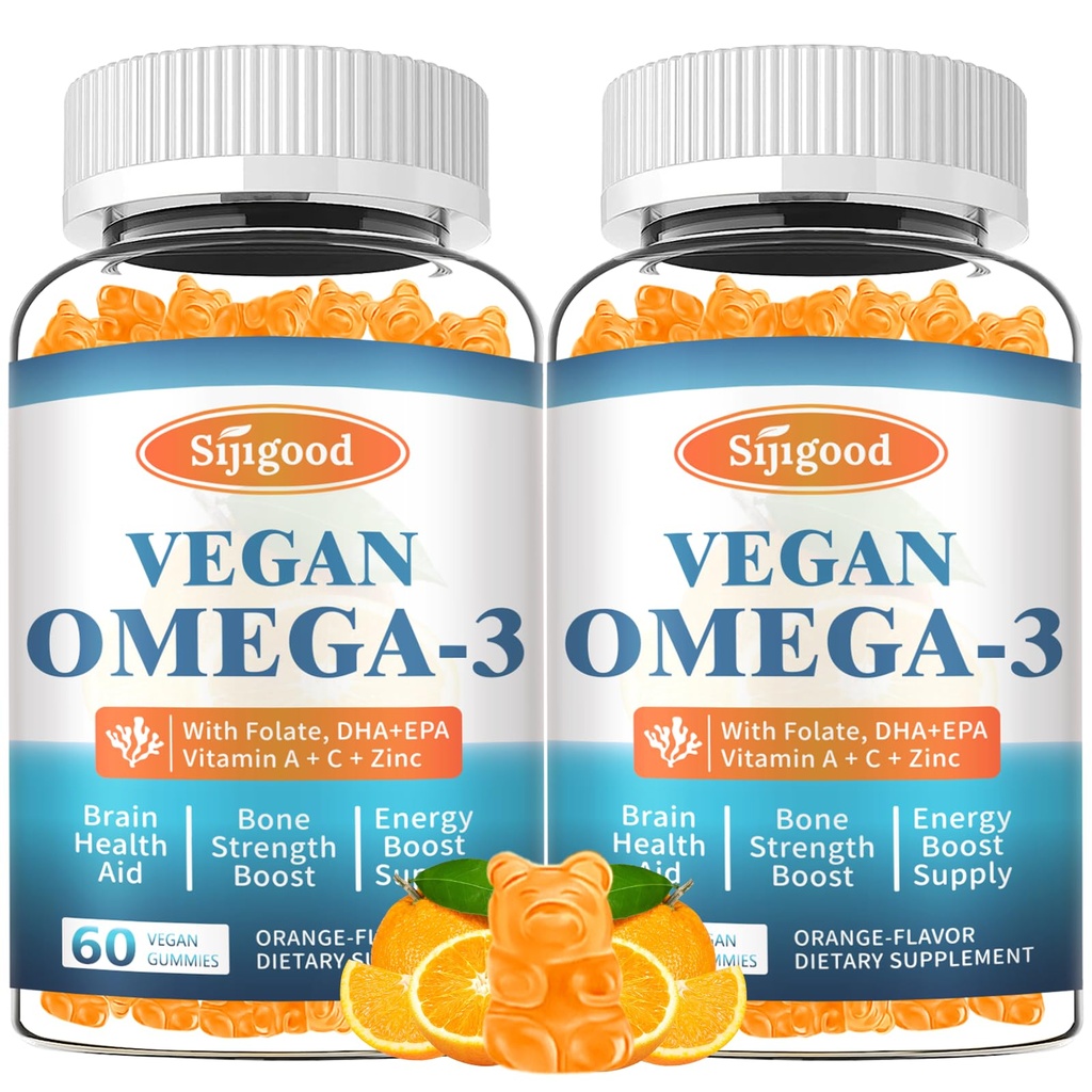 2 Pack Omega-3 Gummies Pottent Algae Omega Source, Boost Brain, Eye & Immune Function, with DHA and EPA Vegan & Sugar Free, Orange Flavor, 120 Count
