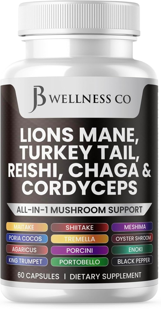 Lions Mane Supliment Cognitive Supplement, Immune Health with Turkey Tail 20in1 Mushroom Reishi Cordyceps Chaga with Marshmallow Root 60 Count