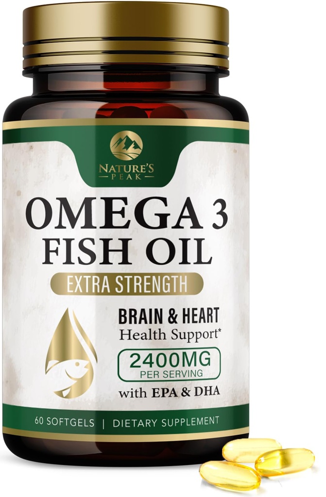 Omega 3 Pastile de ulei de pește 2400 mg - Puterea triplă Omega 3 Suplimente de ulei de pește - Cel mai bun EPA & DHA Acidi grasi pentru Brain & Heart Health Support, Omega3 Natura lui, 30 zile de aprovizionare - 60 Softgels