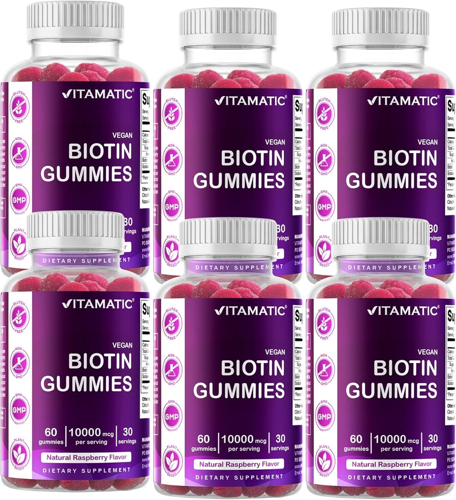 Vitamatic Biotin Gummies 10.000 mcg pentru parul mai puternic, piele & unghii - 60 Vegan Gummies - De asemenea, numit vitamina B7 (6 sticle)