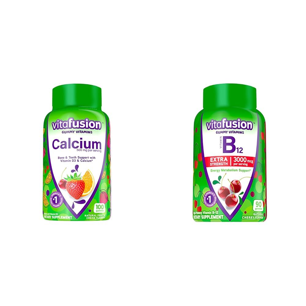 Vitafusion Vitamine masticabile de calciu Gummy pentru suport osos și dinți și concentrație suplimentară Vitamina B12 Gummy pentru suport metabolic energie și sistemul nervos de asistență medicală