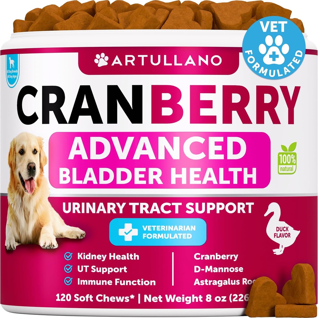 Dog UTI Tratamentul - Suplimentul Cranberry & Controlul vezicii urinare pentru câini - Infecție tractului urinar Pilula incontinenta, pietre vezica urinara - Tratamente medicale UTI - 120 Chews moale pentru suport renal cu ulei de pește