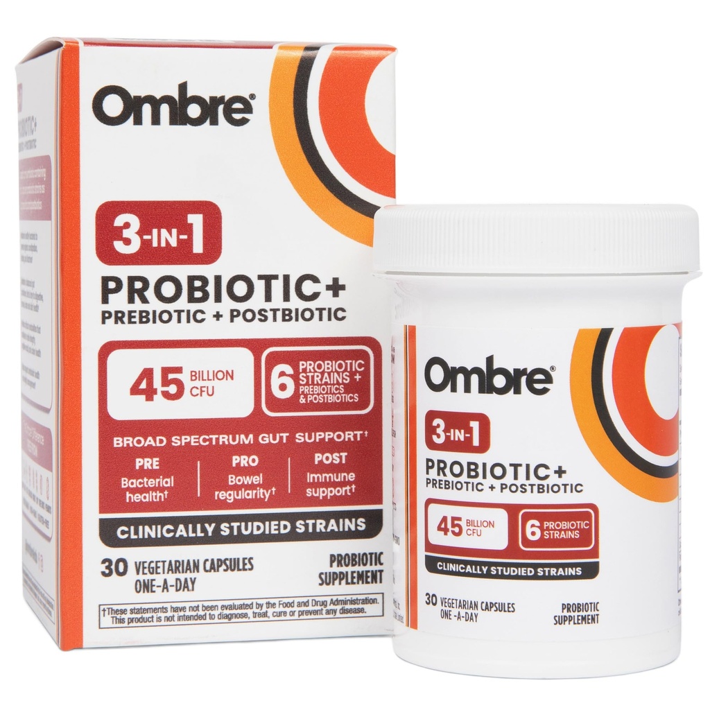 Ombre 3-in-1 Probiotic, Prebiotic și Postbiotic pentru Digestive Health & Gut Health - 45 Miliarde CFU - Bloating, Constipație & Gas Relief - Suport metabolic și imun pentru femei și bărbați, 30 zile de aprovizionare