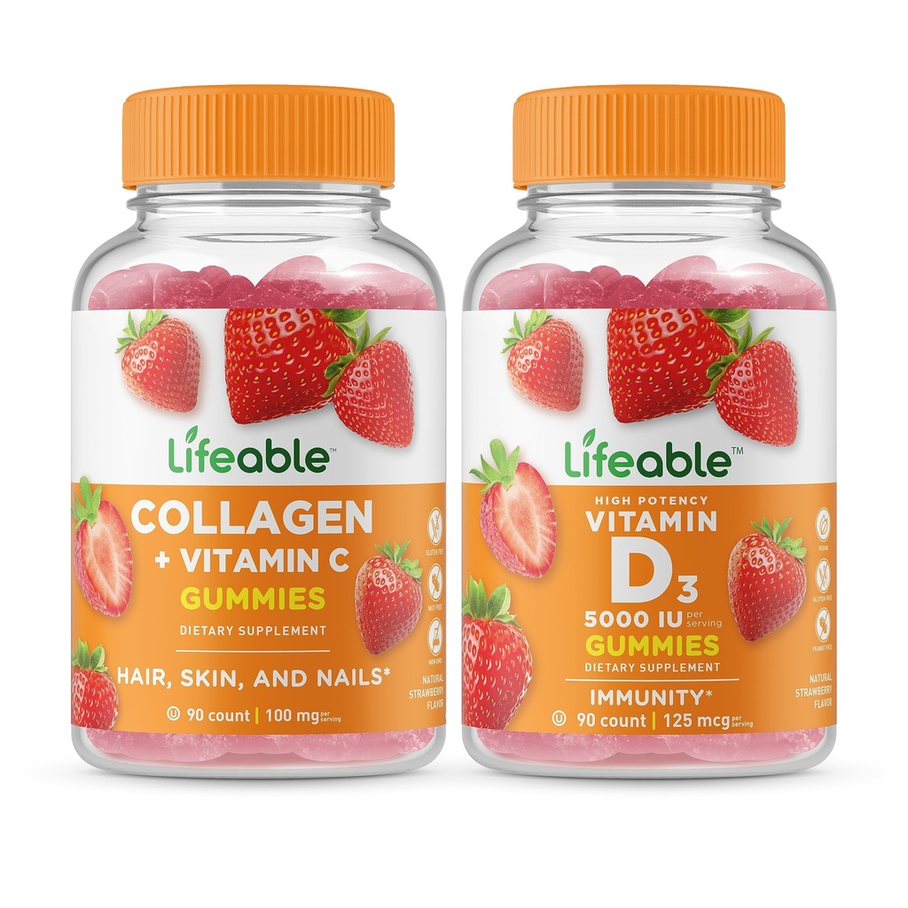 Colagen & Vitamina C şi vitamina D 5000 UI, Gummies Bundle - mare gustare, supliment de vitamine, gluten gratuit, OMG gratuit, gumă de mestecat