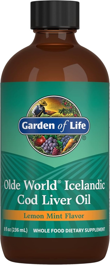 Gradina de viata Olde World Islanda de ulei de ficat de cod lichid - Lemon Mint Aroma - 1000 mg Omega 3 ulei de pește, acizi grasi, EPA, DHA, Vitamina D & A, Suplimente CLO pentru Hearth Health, 47 Serviri