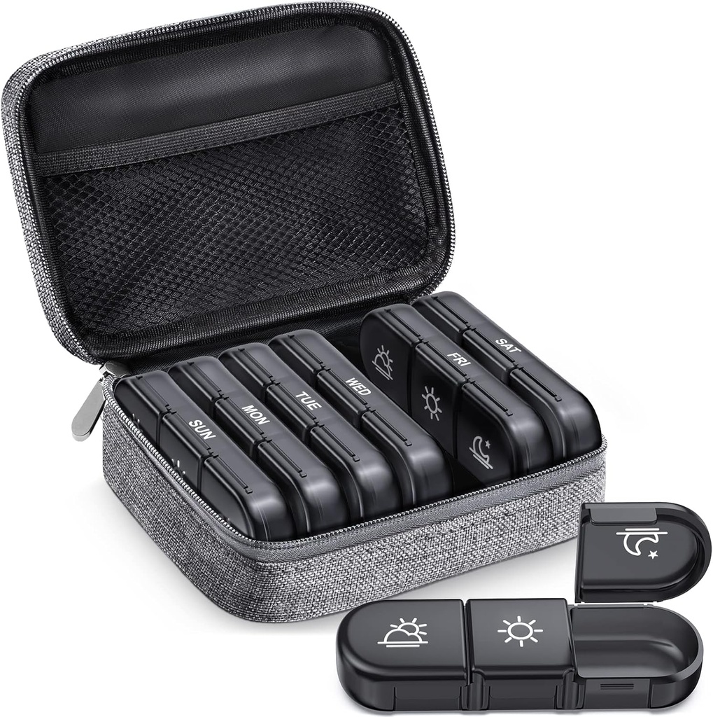 Zikee Large Weekly Pill Case Organizator 3 ori pe zi, Portable Light Proof Canvas Cutie de pastile 7 zile pentru a proteja confidențialitatea și magazin medicamente, vitamina, ulei de pește, supliment (Grey)
