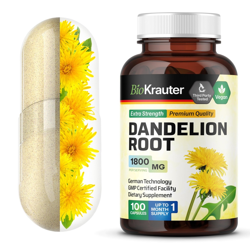 BIO KRAUTTER capsule rădăcină Dandelion - 1800 mg puterea - 100 Conte - Dandelion Root Supliment - Capsule Vegane pentru suport hepatic