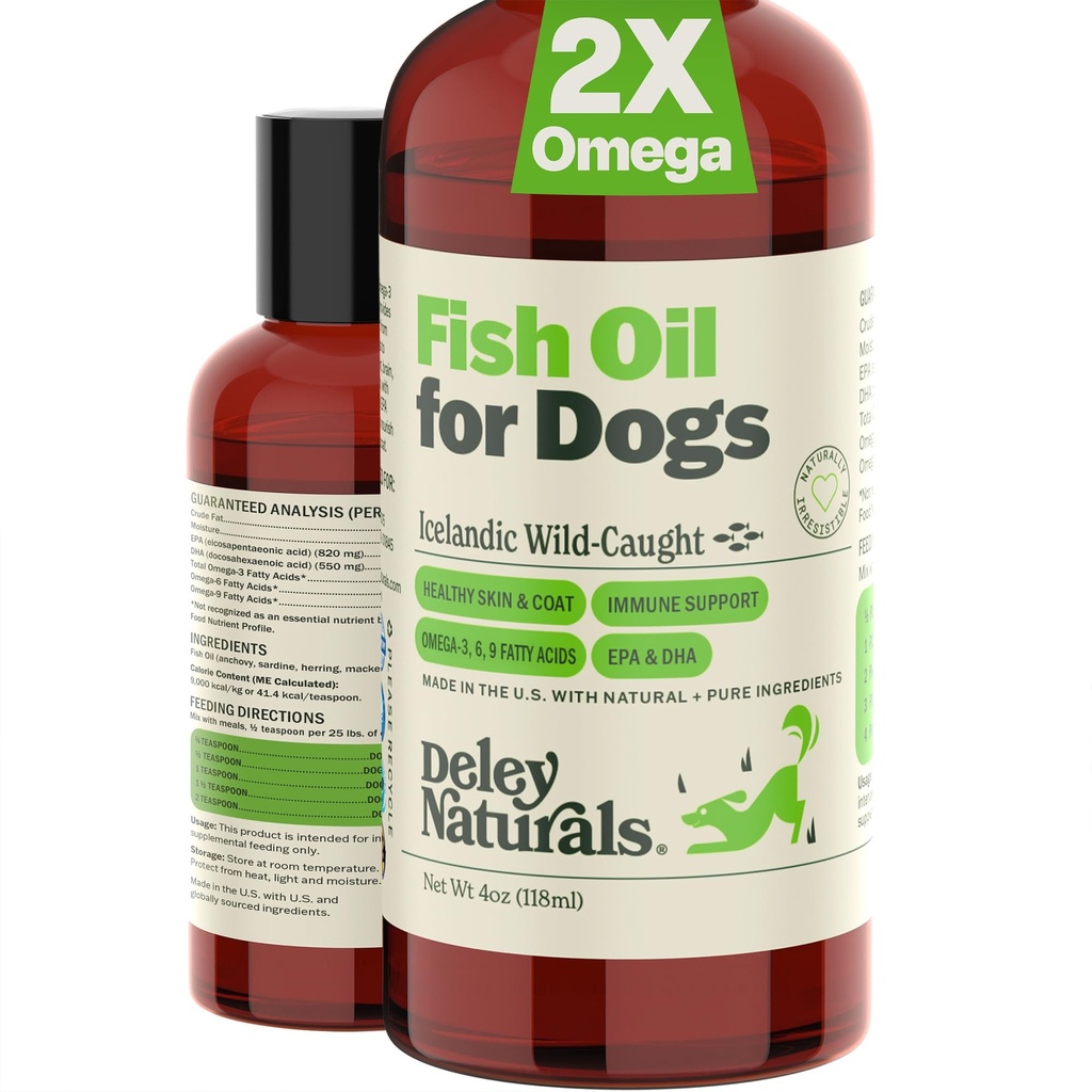Deley Naturals Dog Fish Oil Islandan 2X Omega - Dog Mâncărime Skin Relief cu Omega 3 6 9 pentru alergii, Coat & Heart - Omega 3 Ulei de pește pentru câini Iritație pielii - 4oz Ulei Omega pentru câini Made in USA