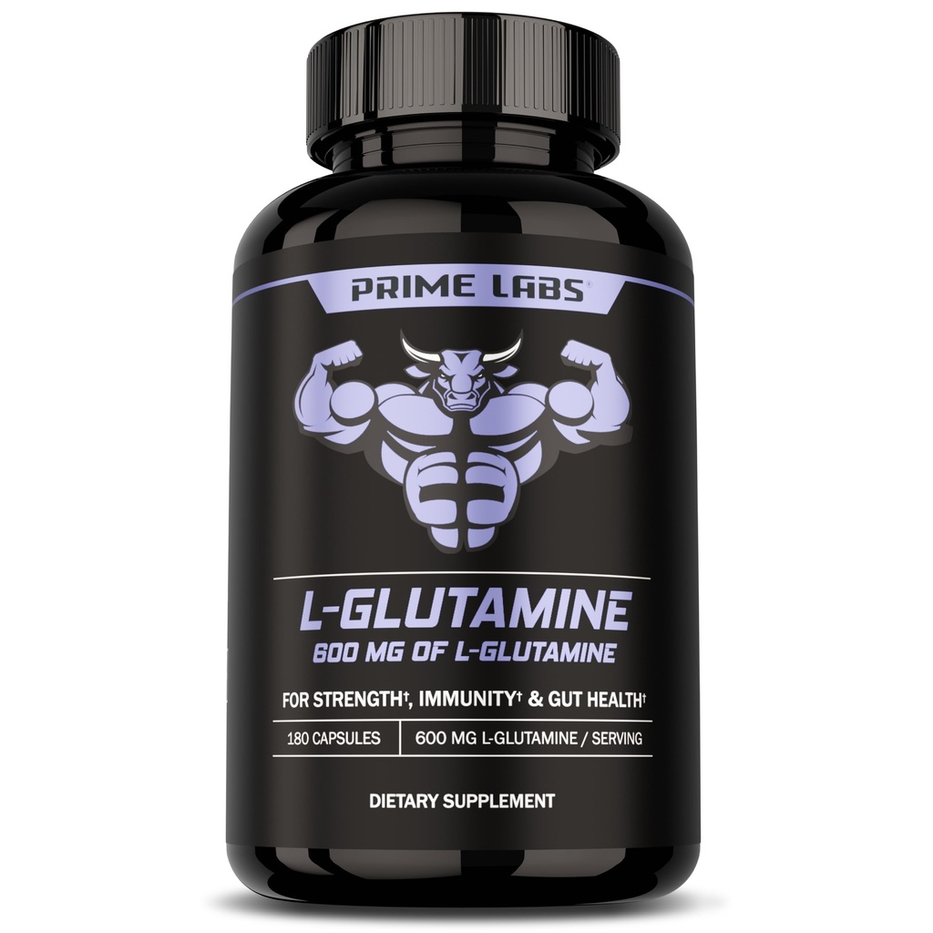 Prime Labs L Glutamina capsule 600mg - Suporturi Putere, Recuperare musculară, Imunitate, & Sănătate Gut - Amino Acid Supliment - pentru bărbați și femei