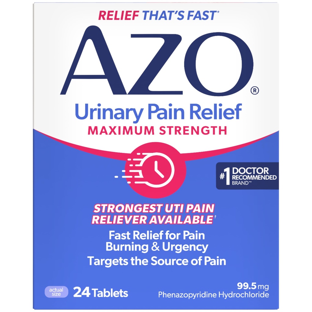 AZO Dureri urinare Relief Putere maximă, Relief rapid de durere UTI, Burning & Urgență, Obiective Sursa de durere, #1 Brand cel mai de încredere, 24 comprimate