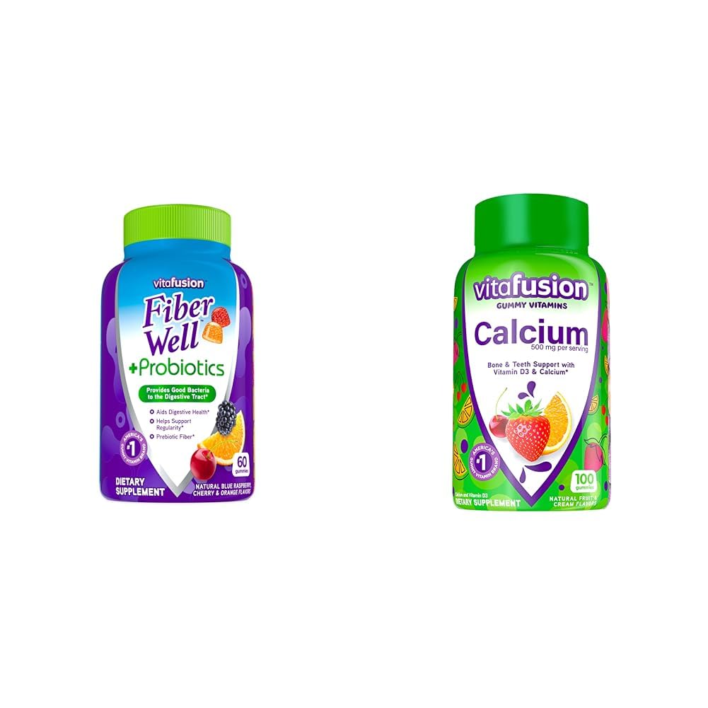 Vitafusion Fiber Ei bine Probiotice Gumiile Adulți 60 Count & Calciu Gummy Vitamine Bone Dinți de sprijin fructe Crema aroma 100 Conte