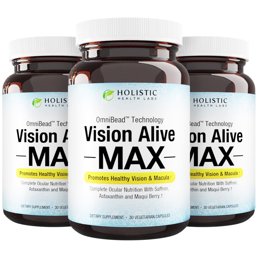 Holistic Health Labs Vision Alive Max cu 8 ingrediente naturale Lutemax® 2020, Afine, afine, c3g de la Black Currant, Maqui Berry, Saffron și Astexanthin (30 Count (Pachet de 3)