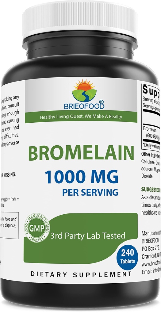 Brieofood Bromelain 1000 mg per Serving 240 comprimate - Proteolitic Digestive Enzime - Suportă Digestie Sanatos, Sănătate Comună, Absorbție Nutrient