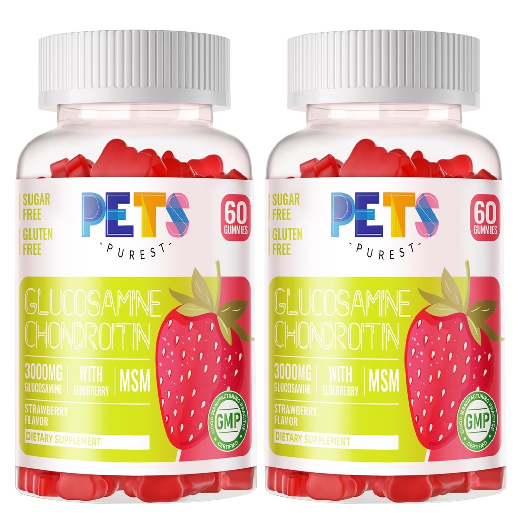 Animale de companie Purest Glucosamină Chondroitin Gummies cu MSM & Elderberry Extra Putere - Suport comun, Supplement de sprijin imun antioxidant pentru adulți, Bărbați și femei.(2 Pack) Căpșuni