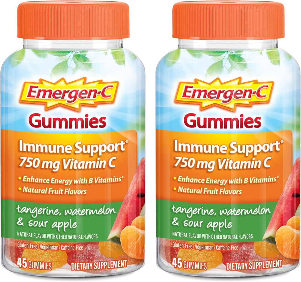Emmergen-C Vitamina C Gumies, Supliment alimentar pentru Suport Imun, Tangerine, Pepene verde și aroma de mere de acri - 45 Conte x 2 (Pachet de 2)