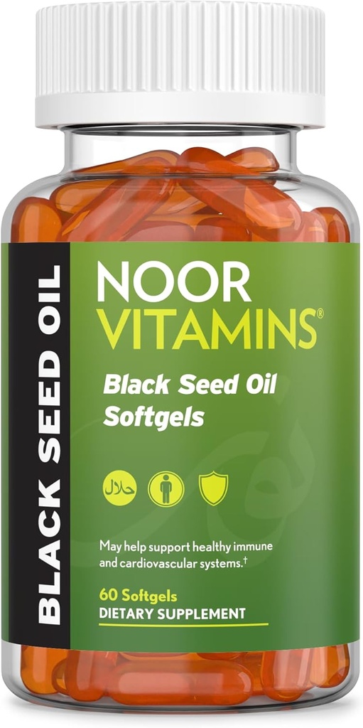 Noor Vitamine Halal Black Seed Oil Capsules, Halal Vitamine, 1000 mg Black Seed Oil from Nigella Sativa, Thymochinone, Non-GMO, Gluten Free, 60 Count