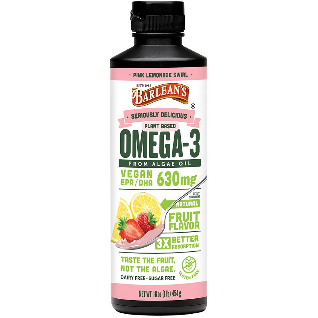Barlean lui roz Lemonade Vegan Omega 3 Supliment, lichid ulei de alge cu 630 mg EPA & DHA, plante pe bază de Omegas de ulei de alge, non-GMO & Gluten gratuit, 16 oz