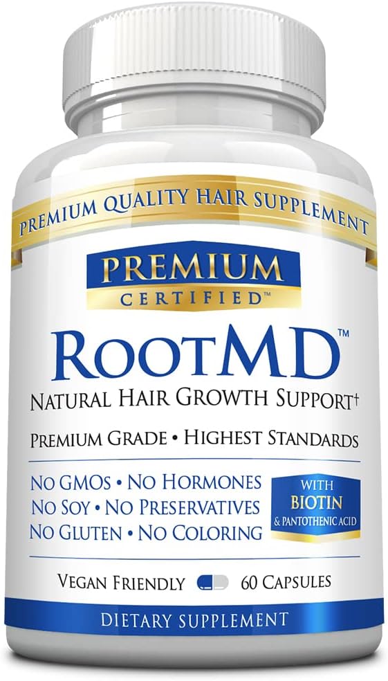 RootMD - Stimularea cresterii parului, Rejuvinate Folicule, Imbunatatirea circulatiei scalpului - Biotin, cupru, tocoferil acetat, Saw Palmetto - Toate Natural Vegan Friendly - 60 capsule