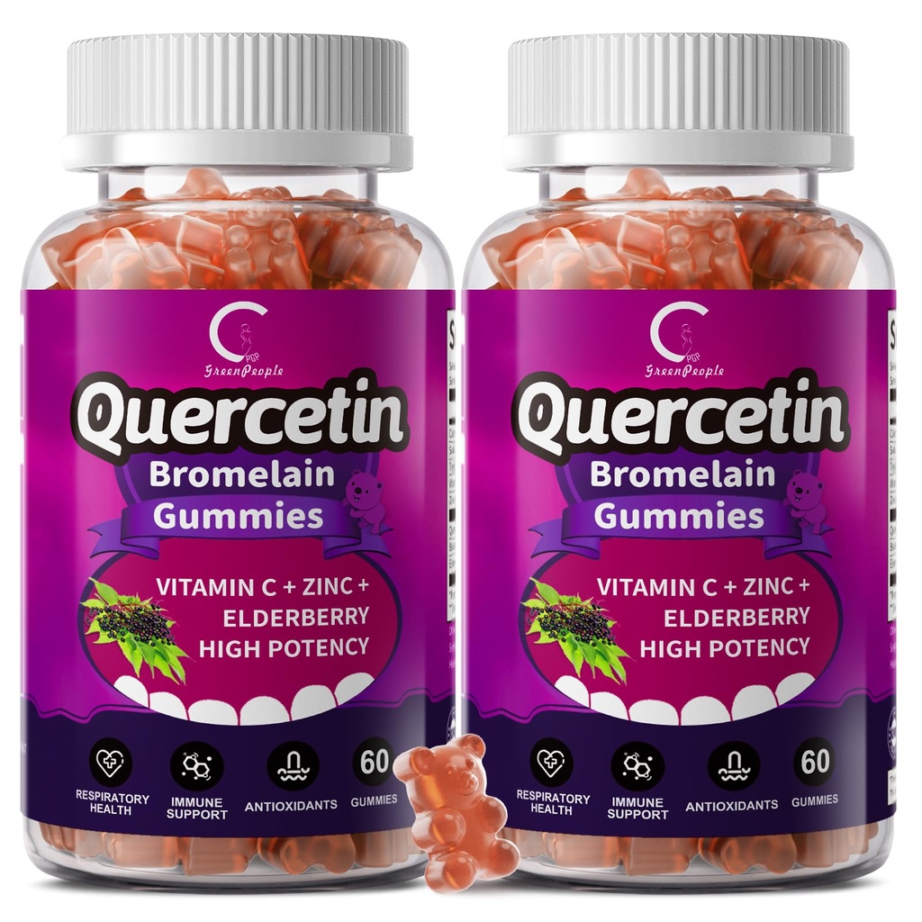 Quercetin Gummies - Quercetin cu Bromelain, Vitamina C, zinc & Elderberry, Extra Putere Sistem imunitar Booster, Lung Supliment pentru adulți Copii - 60 Querbetin Gummies (2 ambalaj)