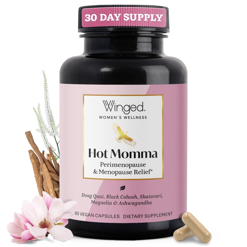 Winged Wellness Momma fierbinte Menopause Suplimente pentru femei - Menopauza fără hormoni Ajutor pentru Flash-uri fierbinți și transpirații de noapte cu Chaste Tree Berry, Multivitamine & More - 60 Capsule Vegan