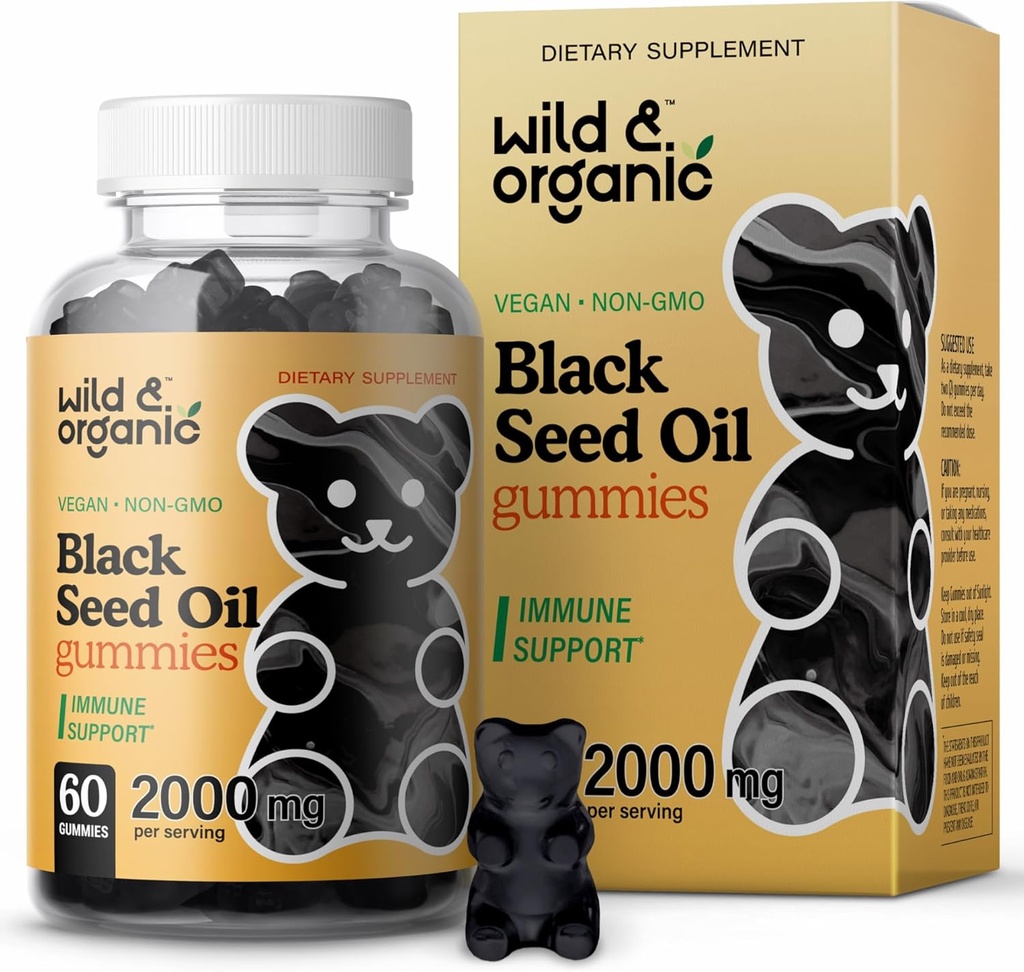 Wild & Organic Black Seed Oil Gumies 2000mg - Hair Skin and Nails Support w/Cumin Oil - Nigella Sativa - Black Seed Gumies for Imunity - 60 Omega 3 6 9 Chews