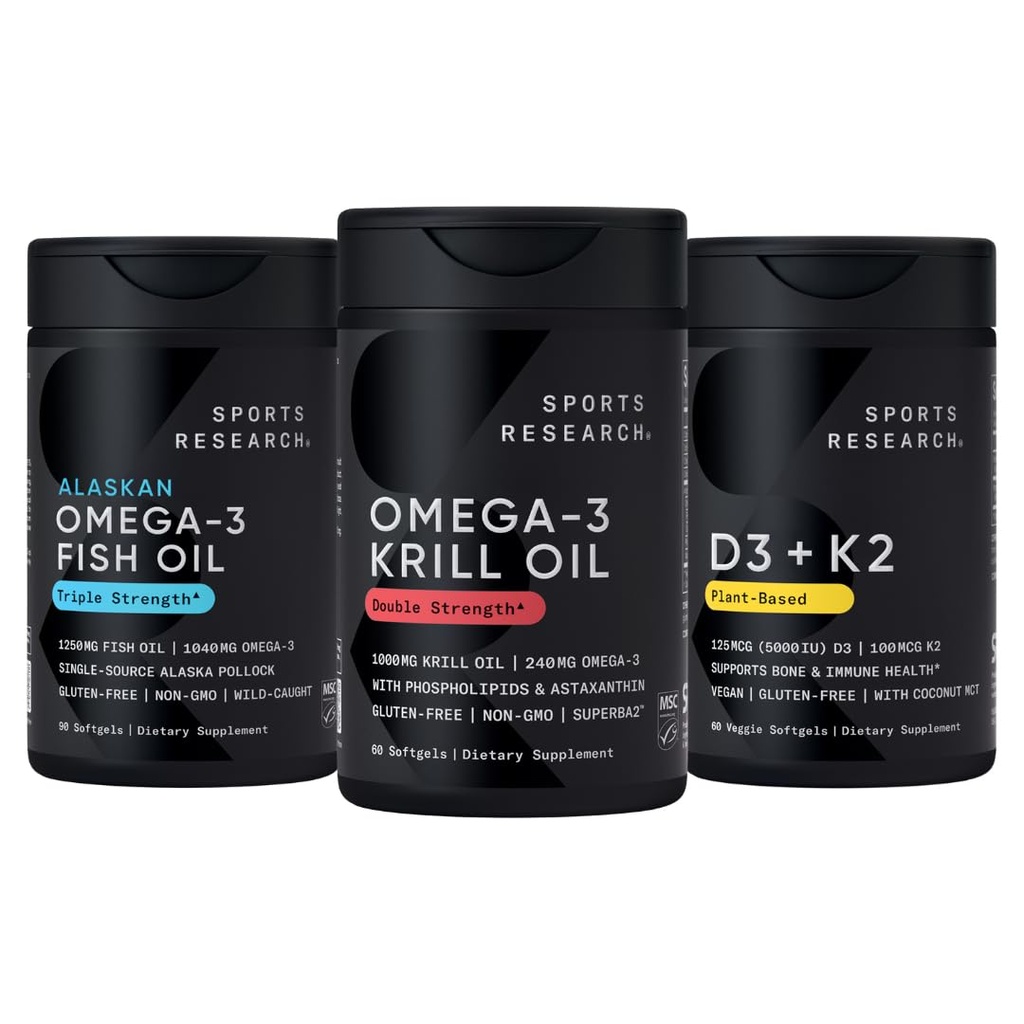 Cercetare sportivă Antarctica Krill ulei Omega 3 1000 mg (Forţă dublă) cu fosfolipide, Choline & Astaxantină, Triple Putere Omega 3 ulei de peşte Single-Source Wild Alaska Pollock 1250 mg, Vitamina D3 K2