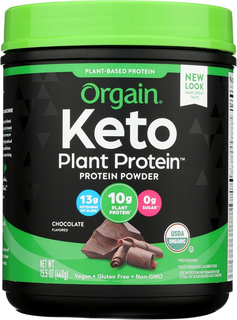 Orgain Organic Keto Vegan Proteina pulbere, Ciocolată - 10g Proteina pe bază de plante, 0g Zahăr*, Avocado & Ulei de cocos, Gluten gratuit, Nu lactate, Lactoză sau Ingrediente de soia, Pentru Smoothies & Shakes, 0.97lb