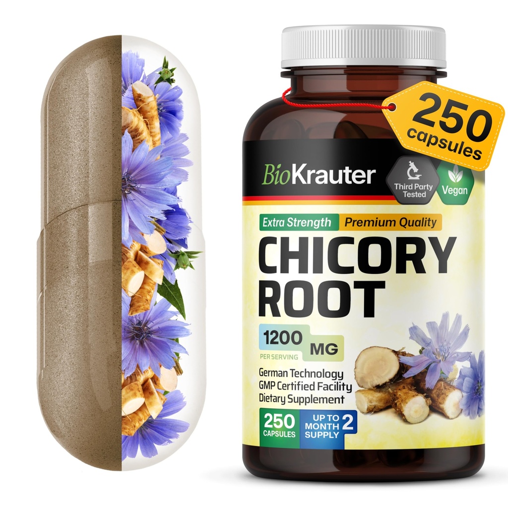 BIO KRAUTER Cicoare Fiber Supliment - 1200 mg Concentraţie - 250 Conte - Pulbere de rădăcină de cicoare - Capsule de Inulin pentru suport digestiv - Vegan