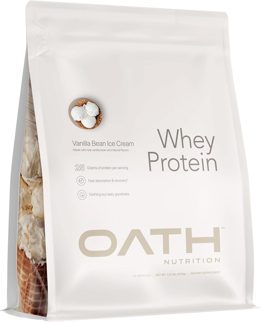OATH NUTRITION Whey Proteine Powder, Vanilla Bean Ice Cream, 25 Grams de proteine și numai 1 Gram de zahăr pe servire, 2 lbs, 25 Serviri