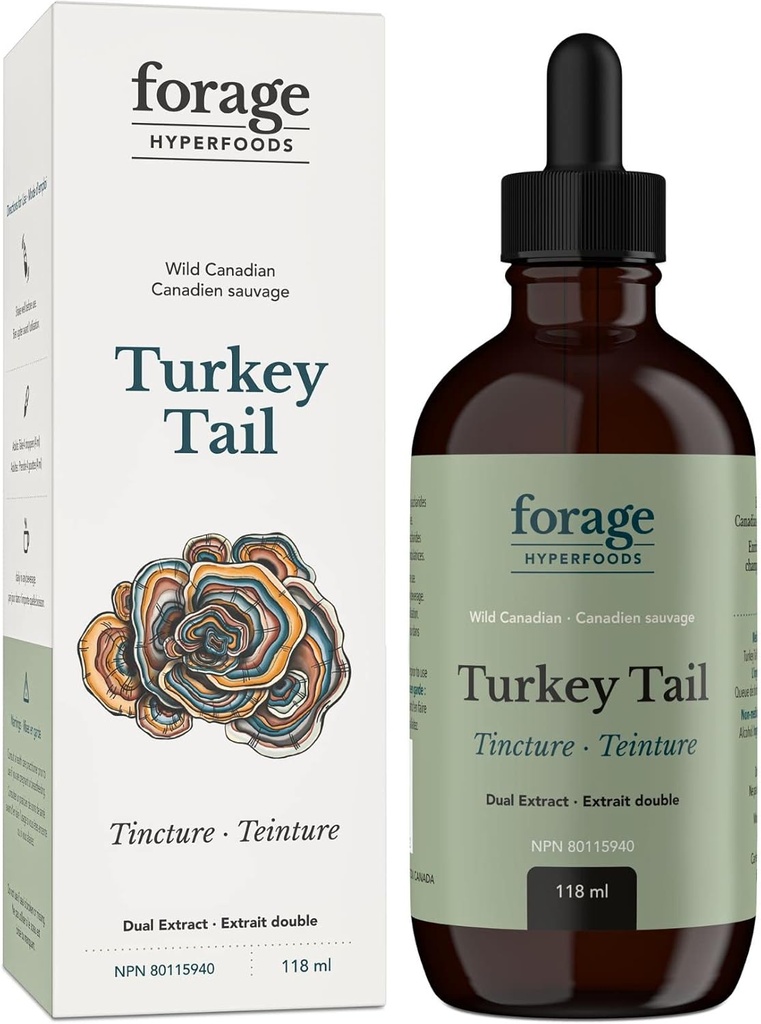Forage Hyperfoods- Original Canadian Wild Turkey Tail Mushroom Superfood supliment lichid Tincture, Vegan, Non-GMO, Immune System and Gut Health Support, 118ML