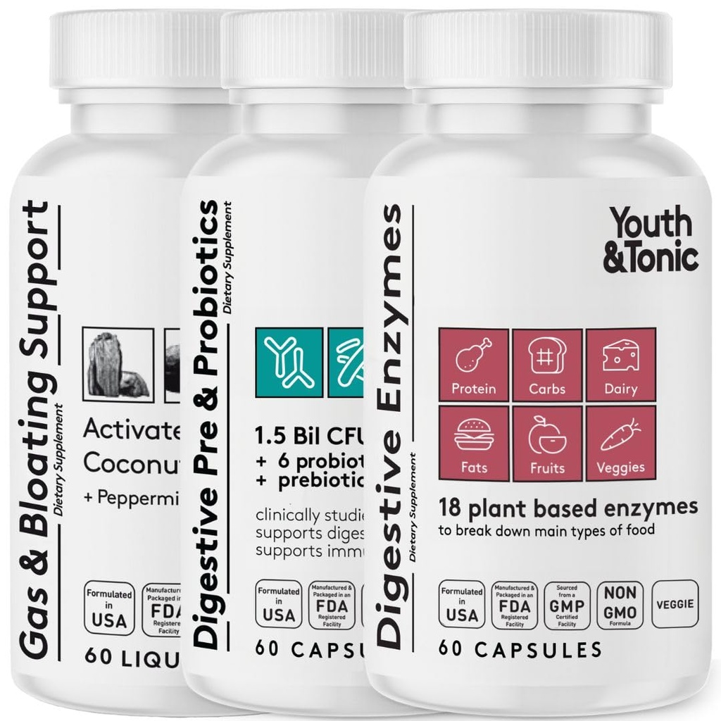 Youth & Tonic Digestion Stomac Support & Detoxifiere pentru Regularitate, Gaz & Blooting & Gut Health. Toate tipurile de enzime digestive Probiotice & Prebiotice Peppermint Charcoal & Ulei organic de cocos 180 pastile