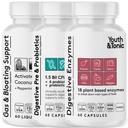 Youth & Tonic Digestion Stomac Support & Detoxifiere pentru Regularitate, Gaz & Blooting & Gut Health. Toate tipurile de enzime digestive Probiotice & Prebiotice Peppermint Charcoal & Ulei organic de cocos 180 pastile