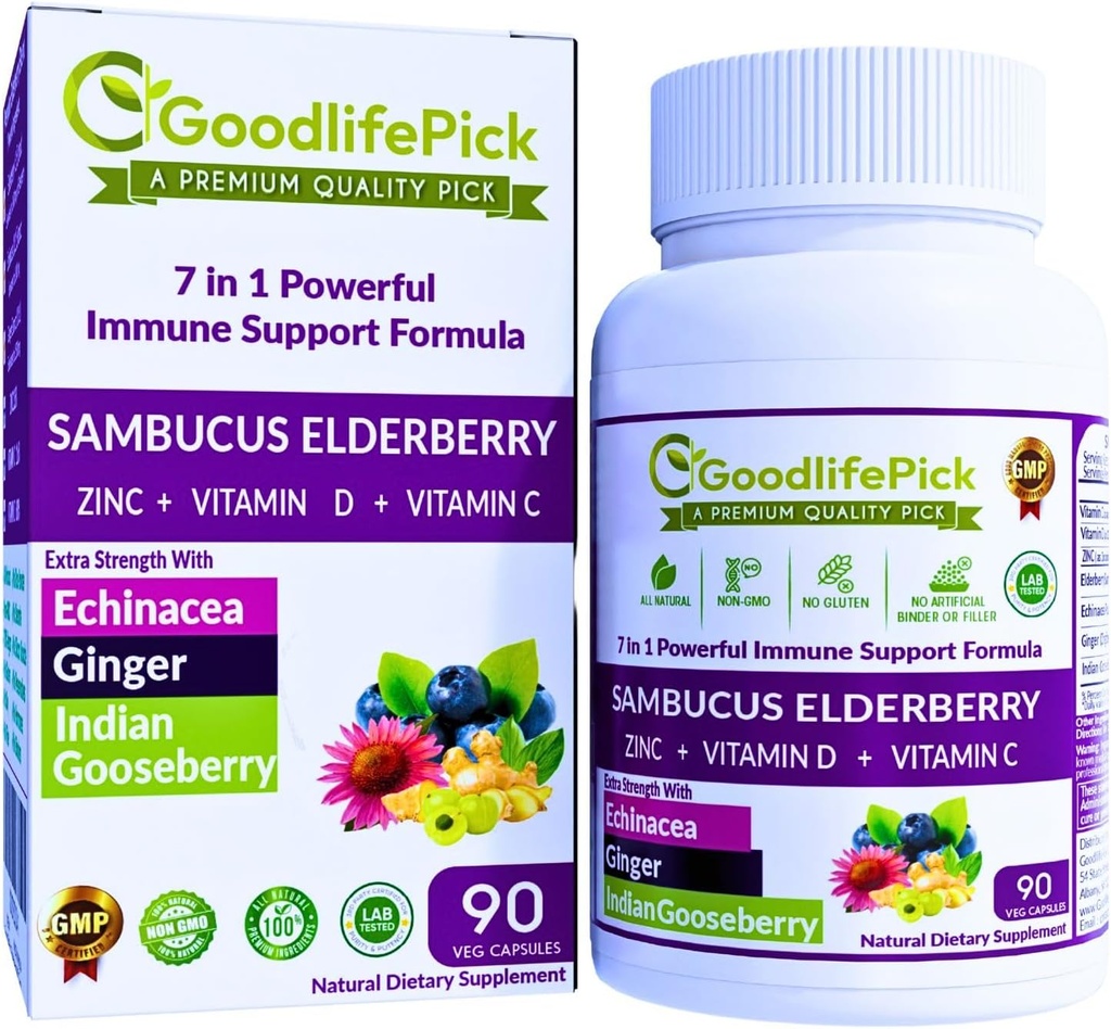 7 în 1 Elderberry cu ZINC, vitamina C, vitamina D, echinacea, ghimbir și gâscă indiană (Amla). Capsule Premium Elderberry 90 ct, Toate Naturale, Non-GMO, Vegan, Fără Rice Powder, Nu-Gluten