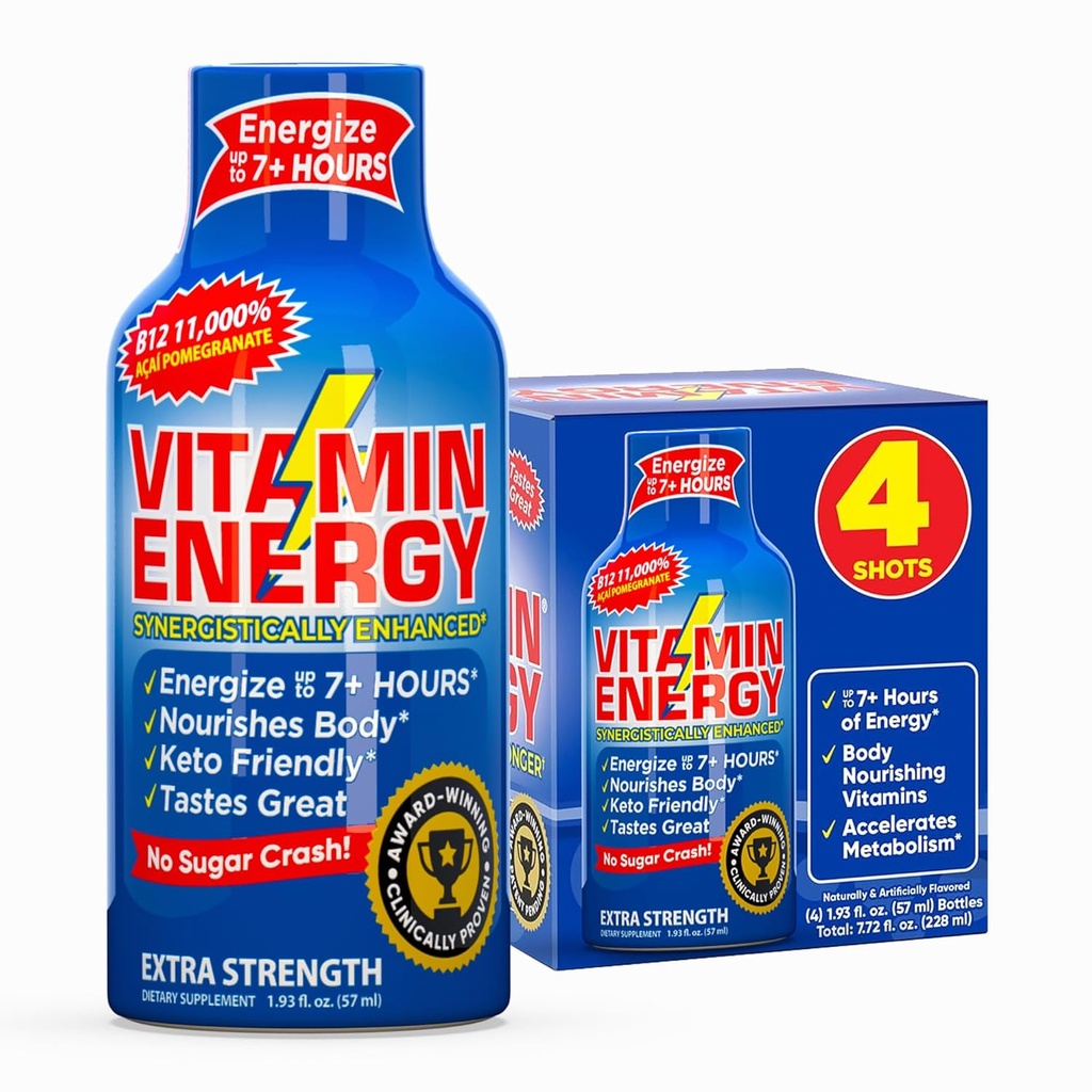 Vitamina Energie B12 11,000% Extra Putere Energie Shot Açaí rodie 4 Pack, 260mg Natural Cafeina, B12 & B6, Nootrop Focus, Vitality, Zero Zahăr, Gluten-Free, Vegan, Kosher, 1.93 fl oz
