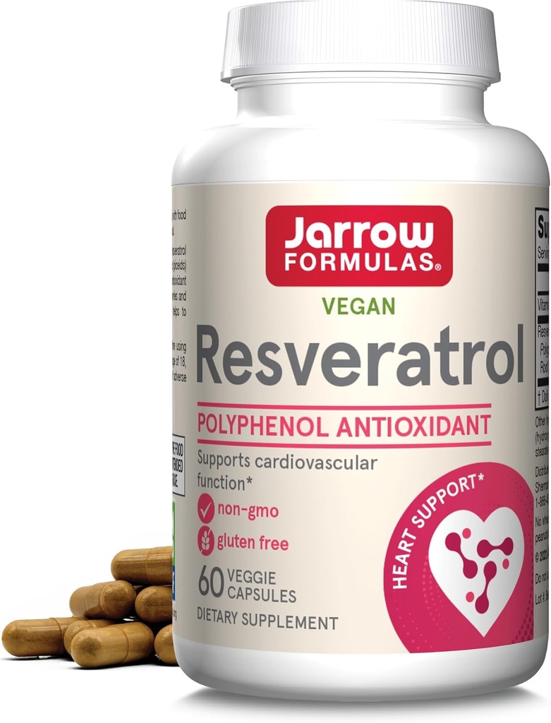 Jarrow Formulas® Resveratrol 100 mg, Supliment alimentar, Suport antioxidant pentru funcția cardiovasculară, 60 Capsule Veggie, 60 zile de aprovizionare