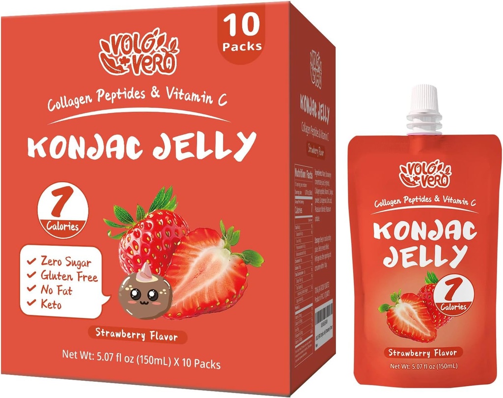 Konjac Jelly Pouch Drinkable Strawberry Flavor, 7 Calorii, Gluten Free, Zero Sugar, Keto, Colagen Peptides și vitamina C, Snacks de fructe cu conținut scăzut de grăsime sănătos, Cadouri de vacanță, 10 Packs