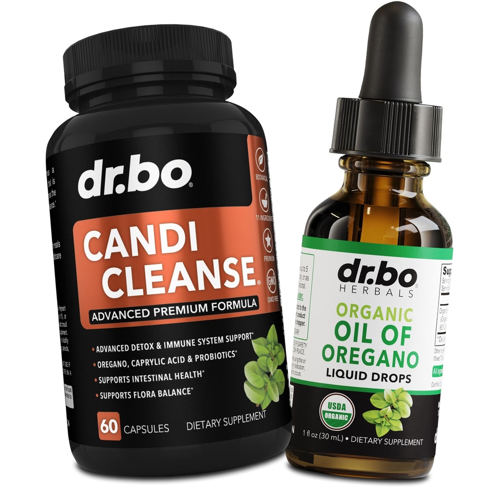 Candi Cleanse & Oregano Picături de ulei - Extra Putere Complex Probiotic Curățător & Lichid organic - Capsule naturale de acid caprilic natural din plante și ulei de picături de Oregano