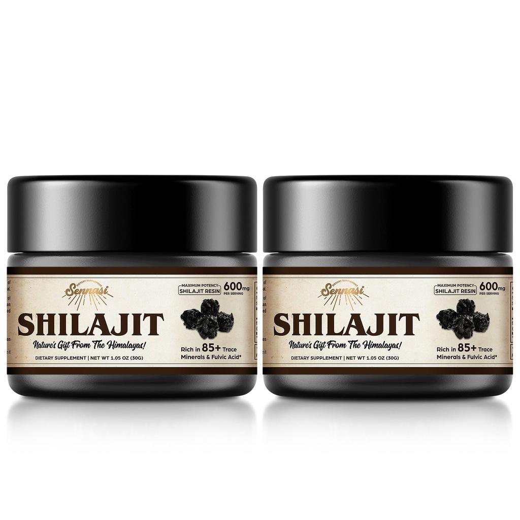 Shilajit Pure Himalayan Organic Shilaj Resin - 600 mg Potency maxim natural organic Shilajit Resin cu 85+ Trace Minerale & Acidul pelvian pentru energie, Suport imun, 30 Grams (2 ambalaj)