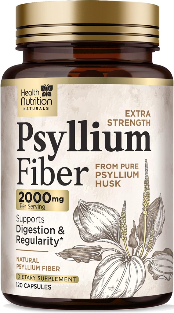 Capsule Psyllium Husk 1500 mg - Pastile naturale suplimentare cu fibre, Digestion Daily, Colon Health, & Suport Regularitate, Capace Psyllium Husks Powder, Vegan, Non-GMO - 120 Capsule Veggie