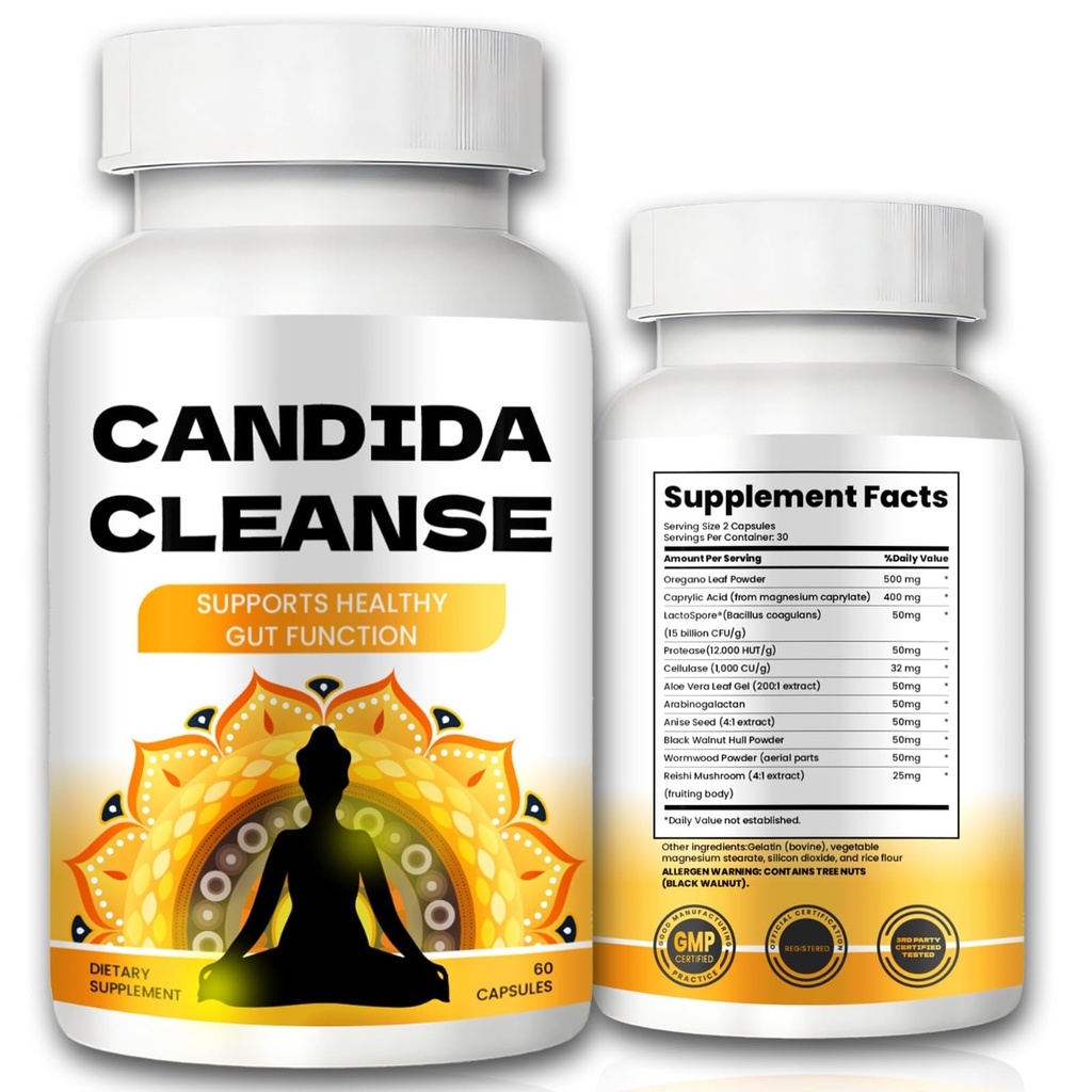 Candida Cleanse - Suport Gut & Colon, Formula avansată - Oregano Leaf, Wormwood, Black Walnut, Acid caprilic