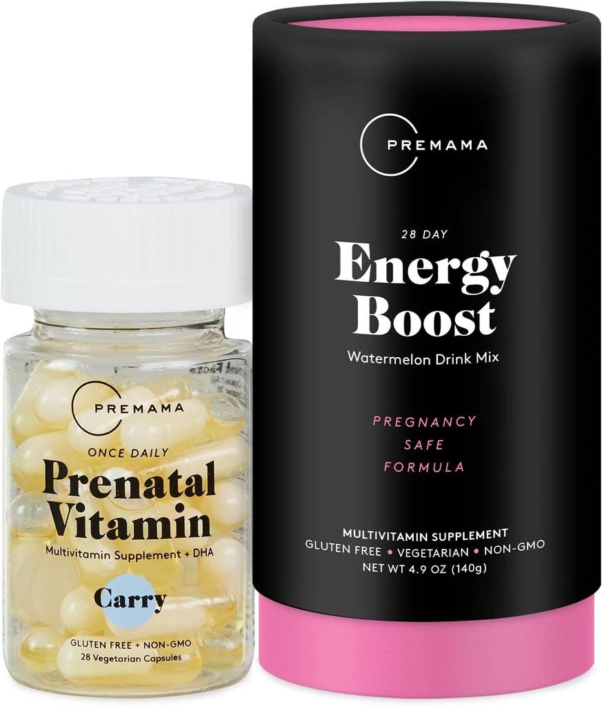 Premama Prenatal Energetic Boost Drink Mix & Prenatal Support Bundle, Omega 3, B Vitamine, DHA, Folate, 28 Servings