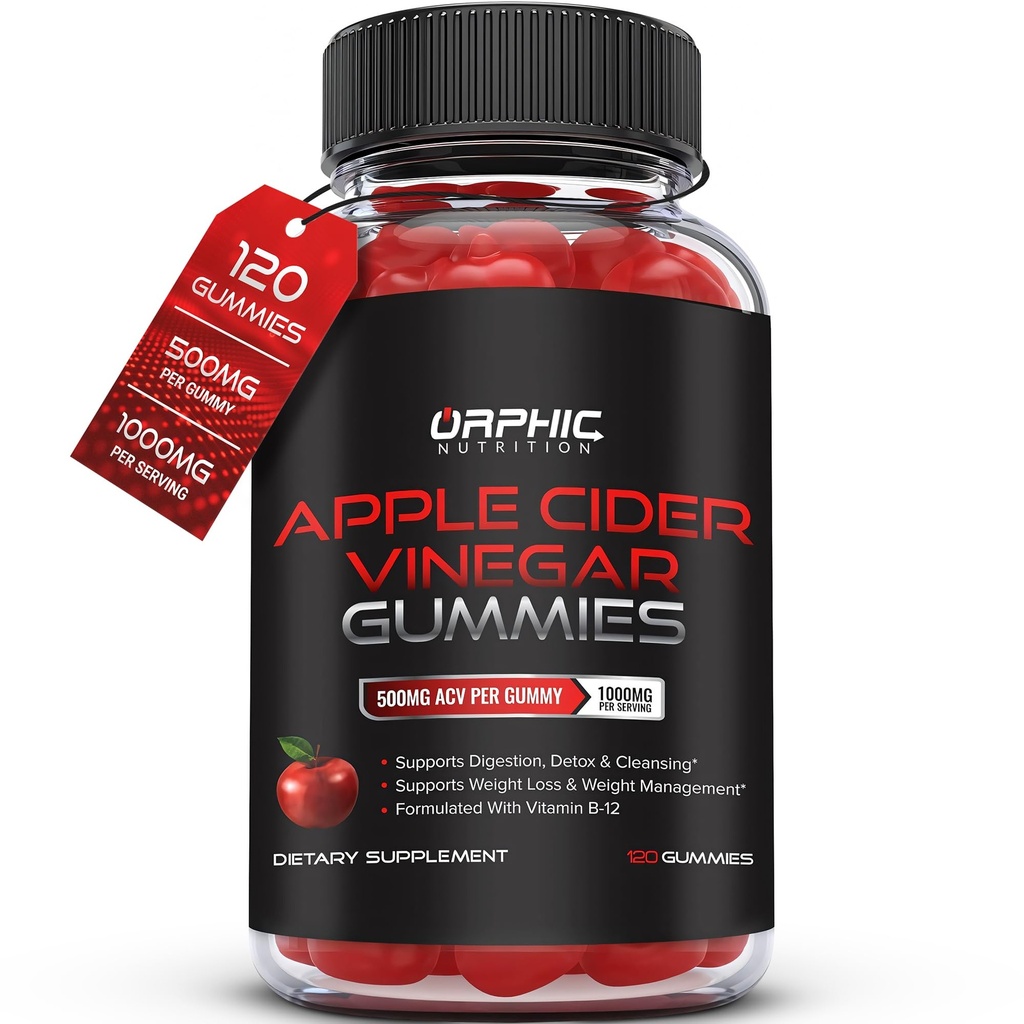 NUTRITION ORPHIC Apple Cidru Oţet Gumies - 1000mg - ACV Pierdere în greutate Gume - Suporturi Digestion, Detox & Cleansing - VIT B12, Beetroot - Gomitas de Vinagre de Manzana (120 buc)