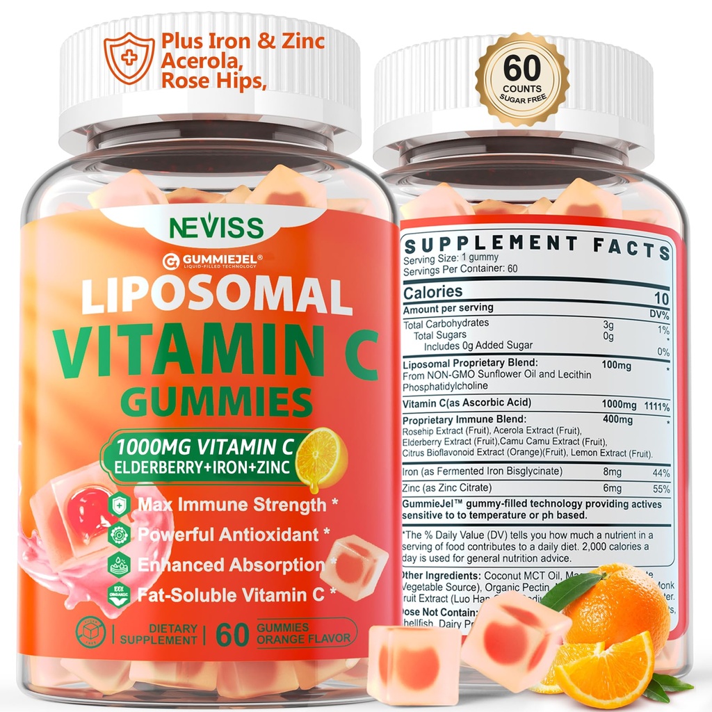 Vitamina lipozomala C 1000mg Gummies pentru adulti - Vitamina C masticabila cu elderberry, zinc & 8mg fier, zahar gratuit Vit C Suplimente, Daily Immune Support Gummies for Energy, Colagen Booster 60 Counts